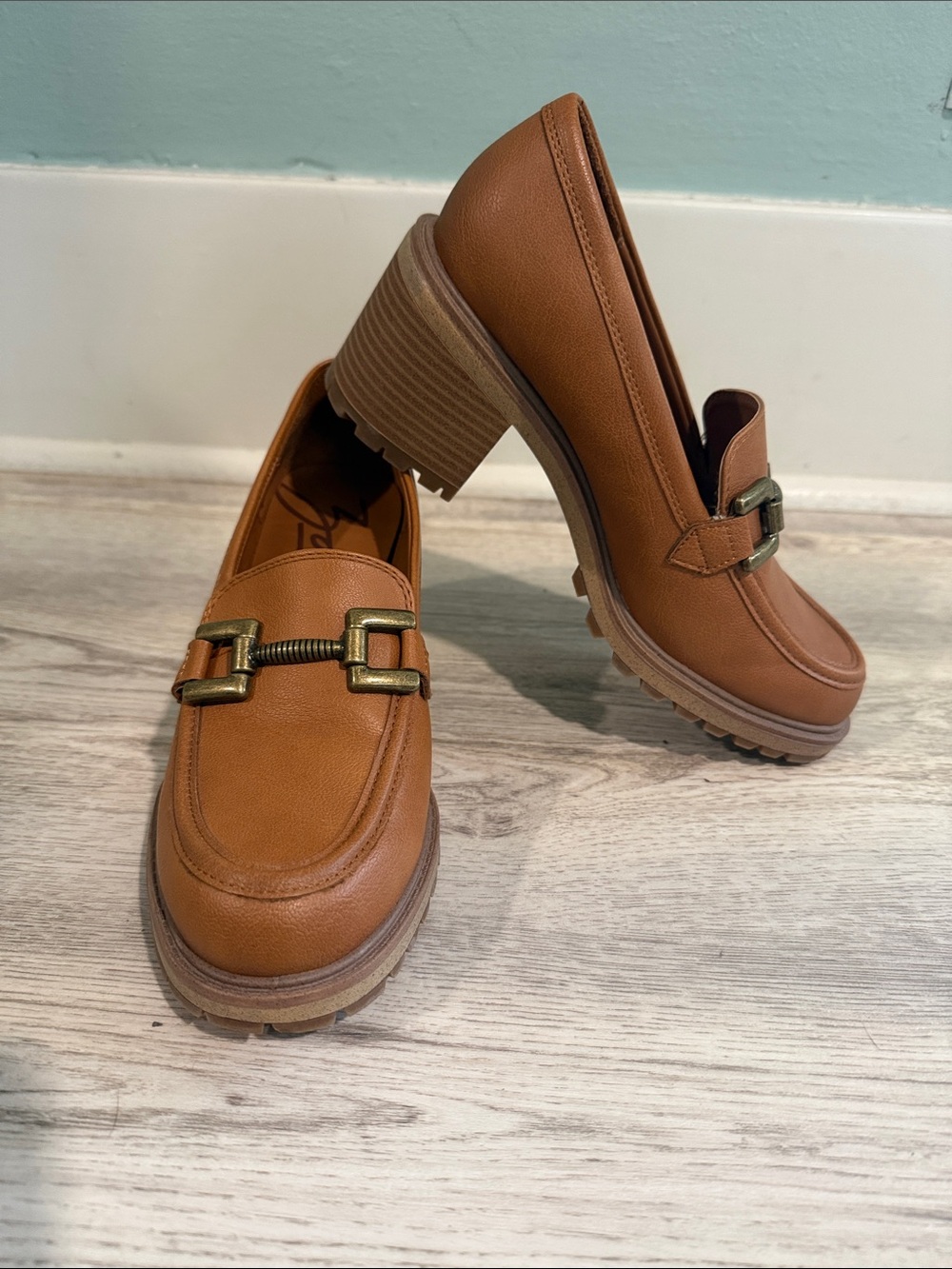 Women's Tan Chunky Heel Loafer with Gold Hardware